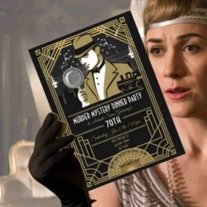 a flapper girl holding up a murder mystery party invitation