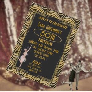 Gold and black Art Deco 1920s party invitation – elegant Gatsby-themed design.