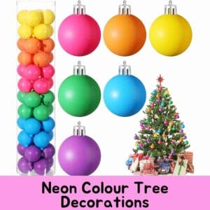 48 pcs Christmas neon colored balls, each ball comes with a hanging rope, 1.57 inches/ 4 cm, suitable for any normal sized tree
