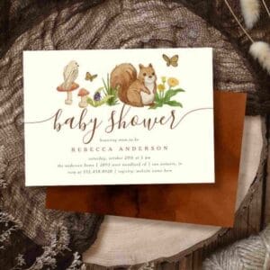 A whimsical woodland themed baby shower invitation