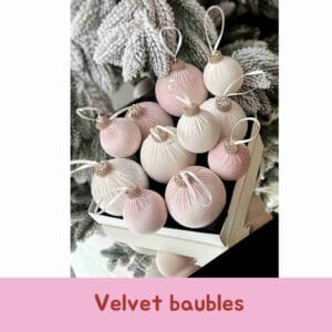 Blush pink and creamy velvet 3,15'' and 2,97'' Christmas decorations. 12 pcs set in the gift box.