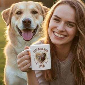 a woman and dog with custom made dog mug