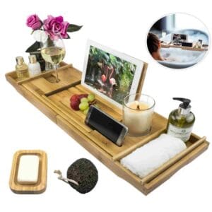 Bamboo Bath Tray Caddy / Extendable. Home Spa, with wine glass holder / Ipad / phone & candle holder, FREE Soap Dish and Pumice Stone